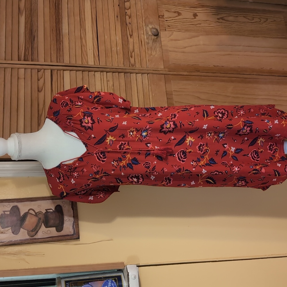 Old Navy Red Floral Flutter Sleeve Lightweight Dress w/ Tassels Size M